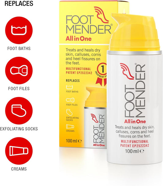 Footmender All in One | Treats and Heals Dry Feet, Hard Skin (calluses), Corns and Cracked Heels (Heel fissures) | Significant Effect After First Treatment | 100ml