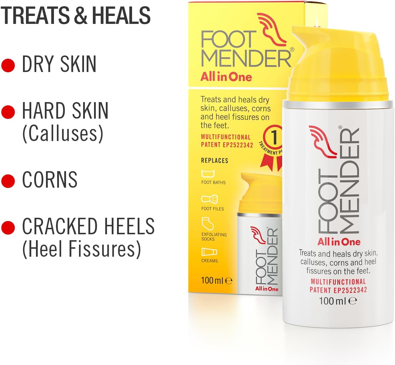 Footmender All in One | Treats and Heals Dry Feet, Hard Skin (calluses), Corns and Cracked Heels (Heel fissures) | Significant Effect After First Treatment | 100ml