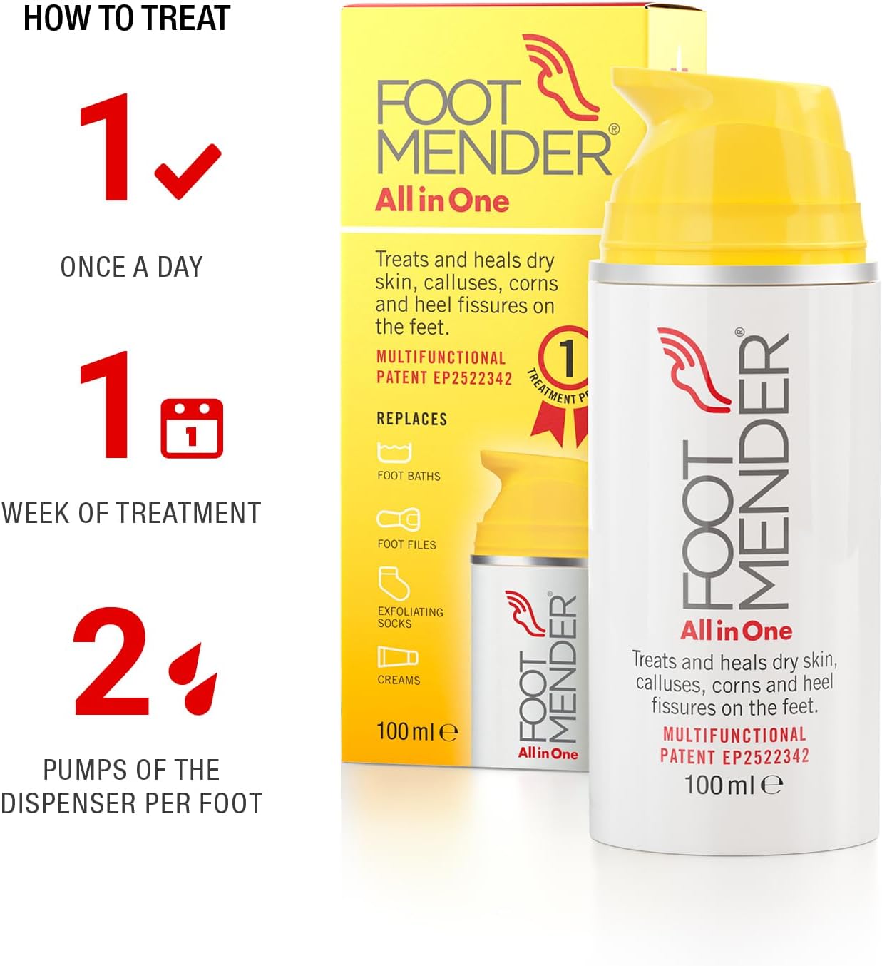 Footmender All in One | Treats and Heals Dry Feet, Hard Skin (calluses), Corns and Cracked Heels (Heel fissures) | Significant Effect After First Treatment | 100ml