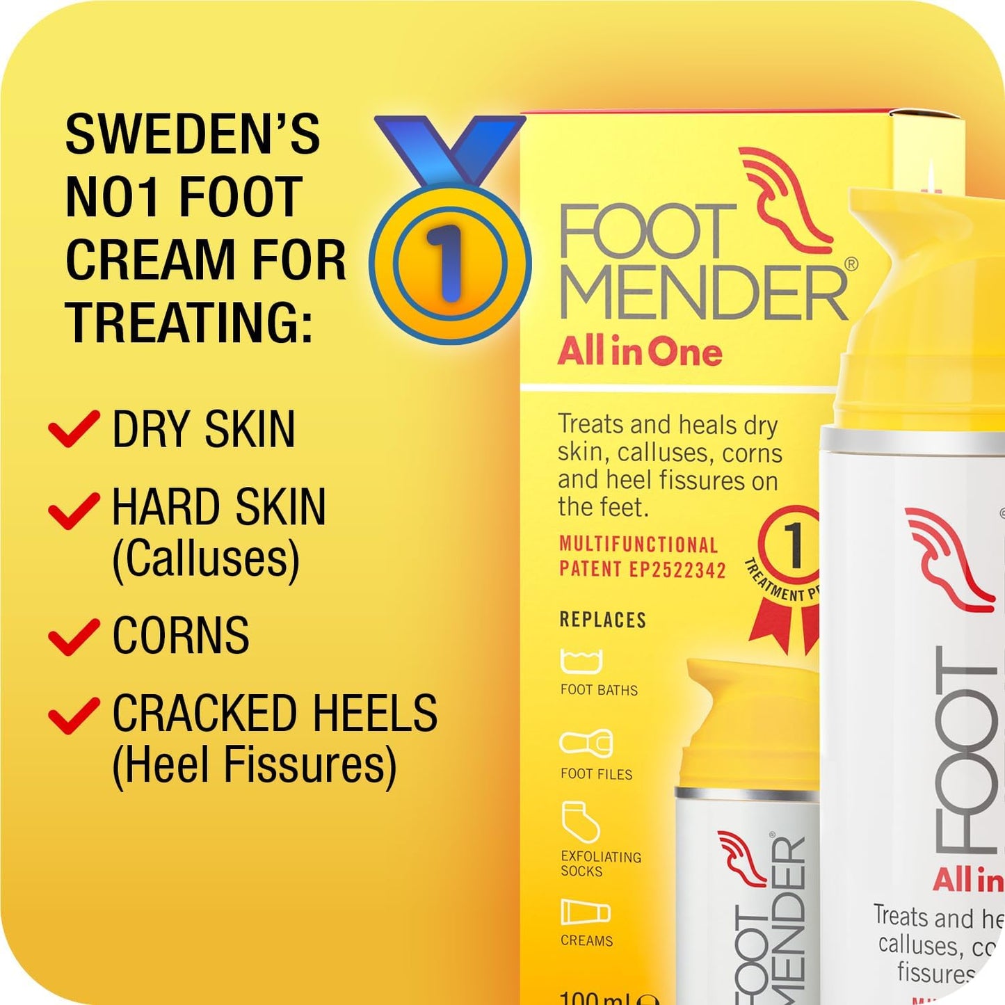 Footmender All in One | Treats and Heals Dry Feet, Hard Skin (calluses), Corns and Cracked Heels (Heel fissures) | Significant Effect After First Treatment | 100ml