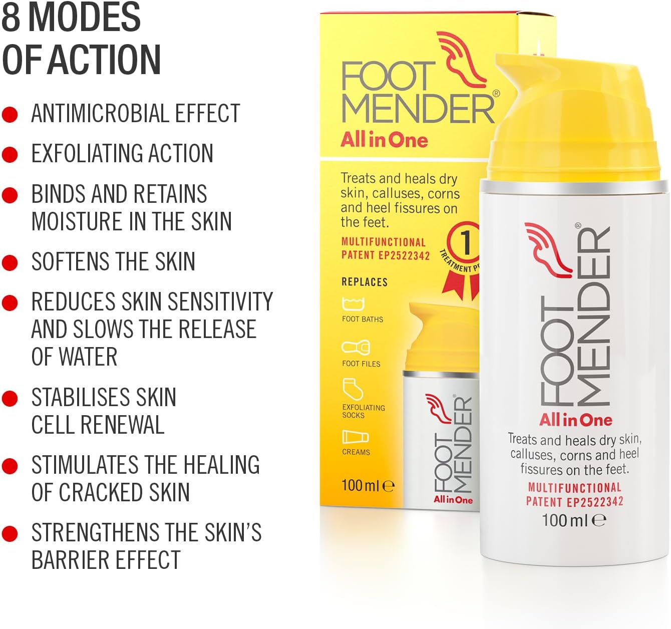 Footmender All in One | Treats and Heals Dry Feet, Hard Skin (calluses), Corns and Cracked Heels (Heel fissures) | Significant Effect After First Treatment | 100ml